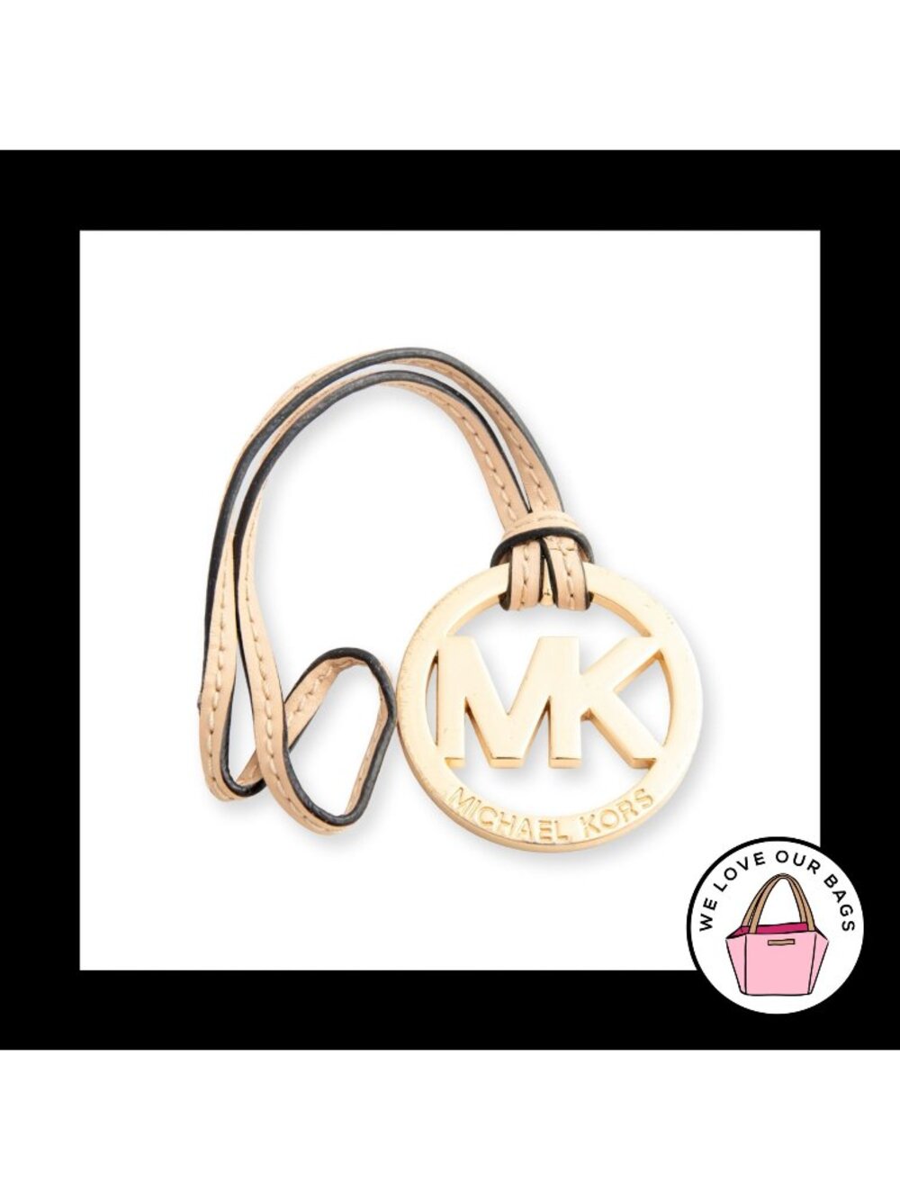 MICHAEL KORS Gold Brass Tan Natural Leather Strap Bag Charm Hang Tag Keychain